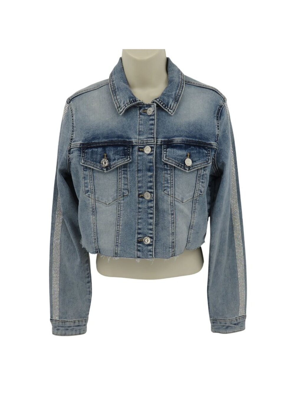GUESS Women Small Distressed Blue Denim Jean Rhinestone Cropped Jacket Pockets